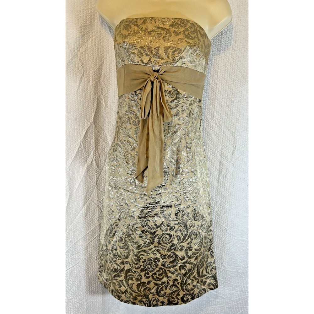 RUTH Elegant‎ Gold Brocade Strapless Sheath Dress with Gold Sash Size 6